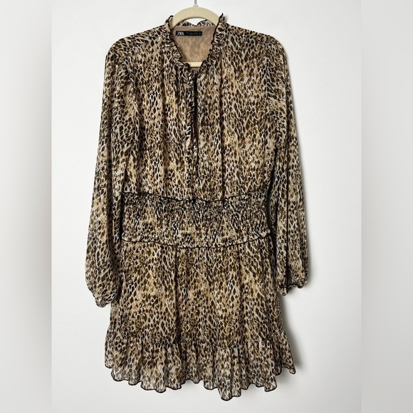 ZARA Brown Tan Abstract Snakeskin Print Chiffon Smocked Waist Boho Mini … - Picture 3 of 14